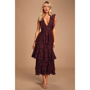 Lulus Molinetto Burgundy Lace Ruffled Tiered Sleeveless Maxi Dress